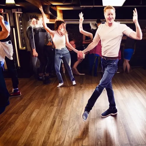 Image similar to photo of a 3 6 year old white man living thinking he's living the best life possible. he looks young for his age. he is at a dance club, it's as if he were in a music video. young woman are flocking to him and can be seen dancing around him in a seductive manner.