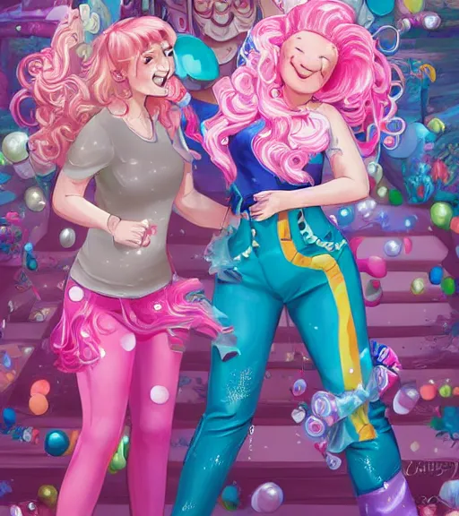 Image similar to humanized pinkie pie throws a party, a plus sized!!! white girl with curly pink hair and freckles throws a party, extremely energetic, very fun, laughter, art by stanley lau, artgerm, rossdraws, ross tran, sakimichan, cyarine, beautiful art