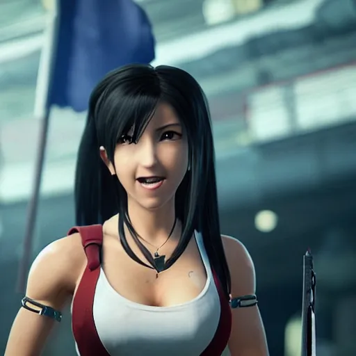 Image similar to Tifa Lockhart from Final Fantasy VII Remake (2020) laughing with the Italian flag in the background