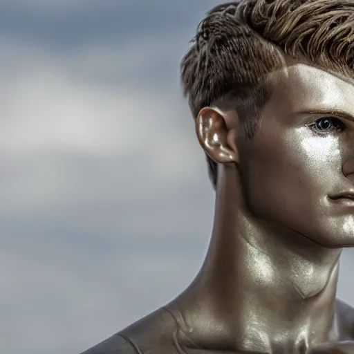 Image similar to a realistic detailed photo of a guy who is an attractive humanoid who is half robot and half humanoid, who is a male android, soccer player timo werner, shiny skin, posing like a statue, blank stare, by the pool, on display, showing off his muscles, humanoid robot, frozen ice statue, made of ice