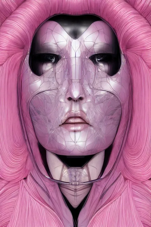 Prompt: organic cyborg head wrapped in silk by Hajime Sorayama and Jamie Coreth, trending on artstation, centered, symmetrical, snow white, thick pink hair, bilateral symmetry, 70s poster, polished, thick smoke, retro dark vintage sci-fi, 2D matte illustration