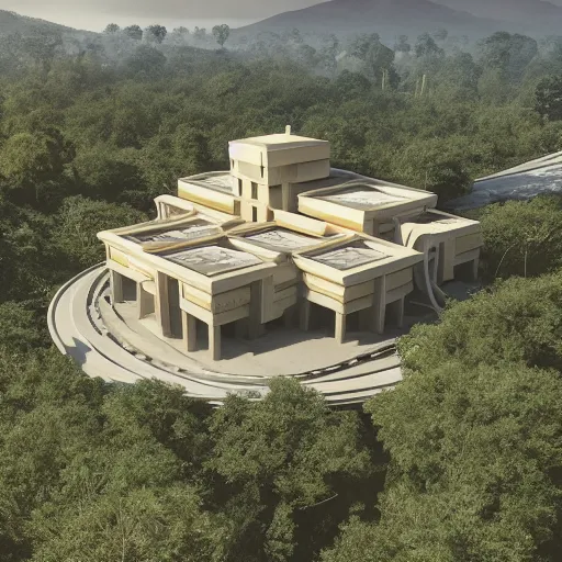 Image similar to modernist beige house inspired by tibetan palace, built like a stadium with atrium in the middle, on a hill surrounded by big trees, dramatic lighting, artstation, realistic rendering, unreal engine, octane render, raphael lacoste, simon stalenhag, frank lloyd wright, drone view