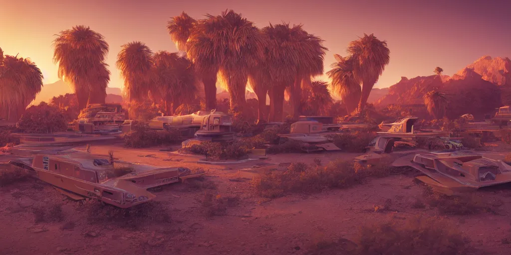 Image similar to beautiful landscape of a temple of retro futuristic technology on a desert oasis, trending on art station, photoreal, 8k, octane render