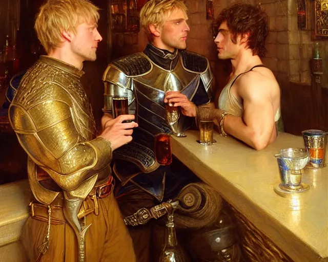 Image similar to attractive arthur pendragon and attractive lancelot go to a pub together to have some drinks. highly detailed painting by gaston bussiere, craig mullins, j. c. leyendecker 8 k