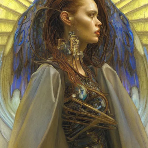 Image similar to portrait of a cyberpunk angel, by donato giancola and gustave courbet.