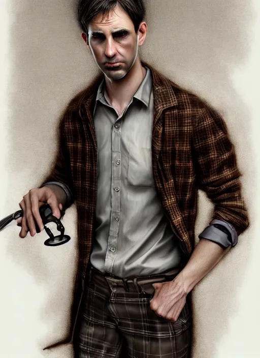 Image similar to male surgeon, brown hair, khakis, plaid shirt, gothic, moody, noir, diffuse lighting, fantasy, intricate, elegant, highly detailed, lifelike, photorealistic, digital painting, artstation, illustration, concept art, smooth, sharp focus, art by John Collier and Albert Aublet and James jean and Brian froud and ross tran and Artem Demura and Alphonse Mucha