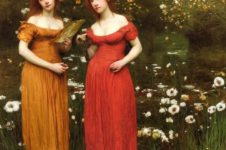 Prompt: portrait of nymphs in dresses, oil painting, hyperrealistic, ultra detailed, 4 k, john waterhouse and john everett millais, classicism, raphaelites