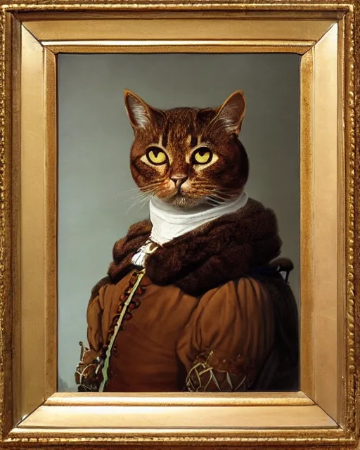 Prompt: portrait of cute brown cat with serious expression wearing 1 7 th century royal guard uniform, baroque painting, greg rutkowski