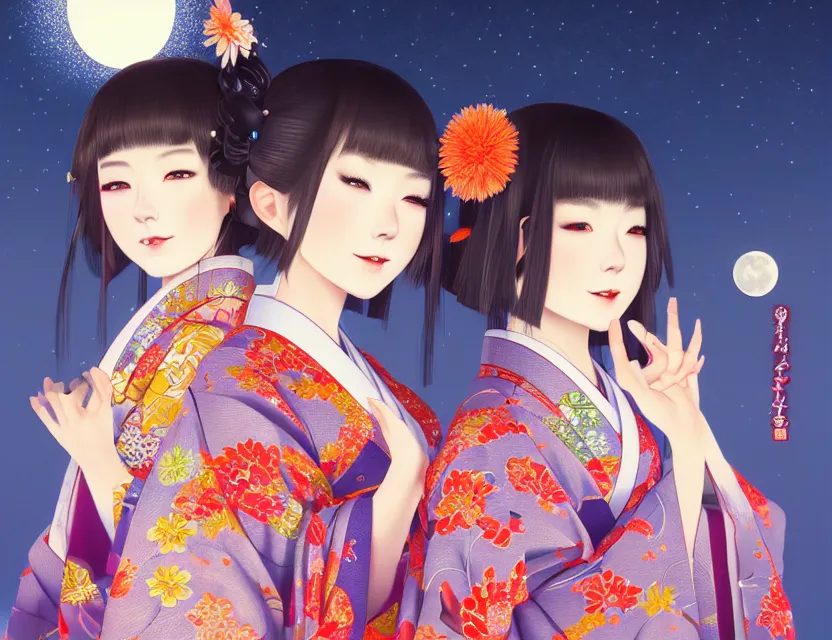 Image similar to two beautiful charming japan girls wear arty kimono in festival | | sunny night, full moon, dreamlike art, realistic shaded, smile, good looking, hyper details, 4 k realistic, cryengine, realistic shaded lighting poster by ilya kuvshinov, fuji choko, ross tran, 8 k resolution, trending on artstation, luxury