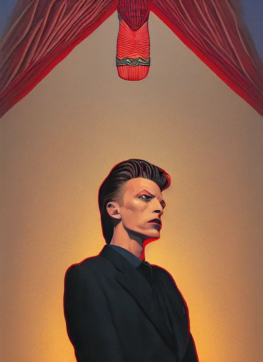 Prompt: twin peaks poster art, portrait of david bowie discovered the secrets of the black lodge, by michael whelan, rossetti bouguereau, artgerm, retro, nostalgic, old fashioned