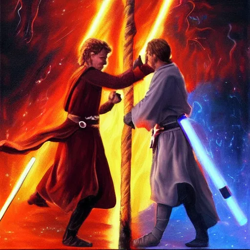 Image similar to a beautiful painting of anakin skywalker fighting obi - wan kenobi except anakin has the high ground. 4 k, epic, ultra realistic, colourful, lava, dark clouds, dramatic,