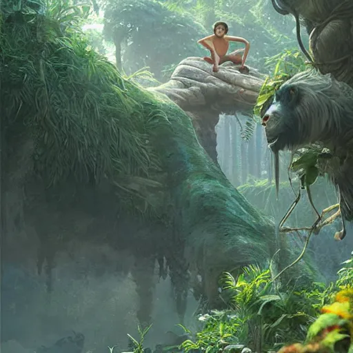 Image similar to still from the jungle book if made by krenz cushart and wenjun lin, portrait, illustration, rim light, top light, summer clear blue sky, perfectly shaded, soft painting, epic, intricate, art