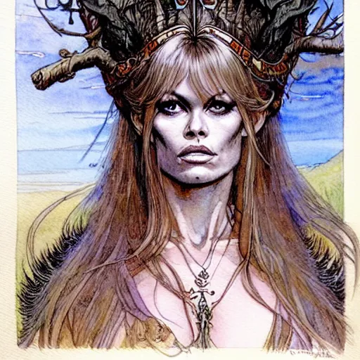 Image similar to a realistic and atmospheric watercolour fantasy character concept art portrait of brigitte bardot as a druidic warrior wizard looking at the camera with an intelligent gaze by rebecca guay, michael kaluta, charles vess and jean moebius giraud