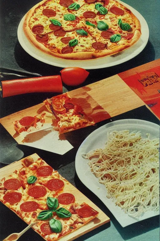 Image similar to pizza and pasta advertisment, still life, 1 9 7 0 s japan shouwa advertisement, print, nostalgic