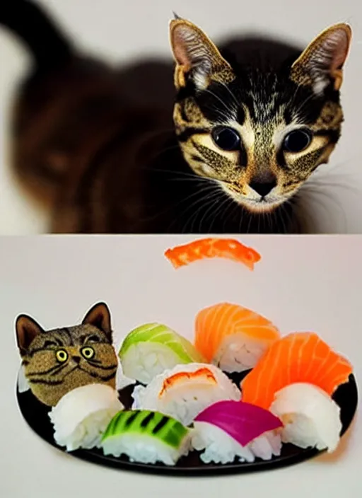 Image similar to clear photorealistic picture of adorable cats made out of sushi