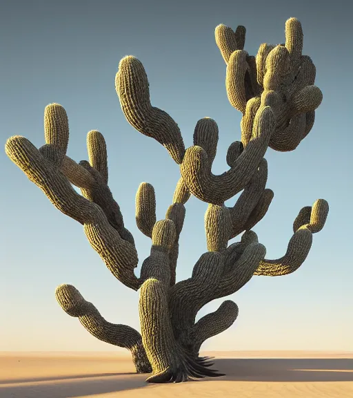 Image similar to surreal theory of tree of snakes, futuristic ancient tree in the desert, foggy sky, dark night, a little bit of patchy cactus, octane render, unreal engine, pale colors, high detail, 8 k, wide angle, trending on artstation, behance