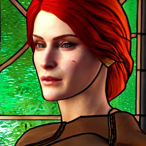 Prompt: detailed side - view portrait of triss from the witcher 3, hair band, long green coat, 1 3 th century stained glass window, very masterful