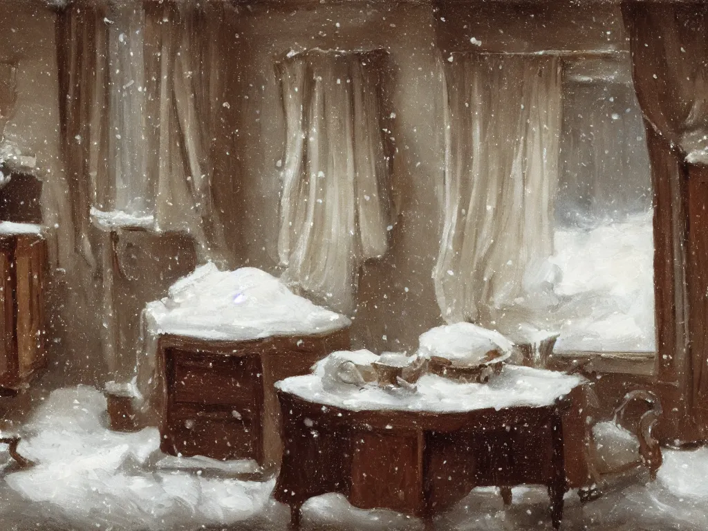 Image similar to It snows in the interior of a bourgeoise room, Still life with snow.