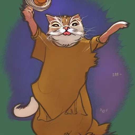 Image similar to a wizard cat is laughing as a small cat, dynamic pose, medium level shot, comedy, fantasy, illustration, mucha style,