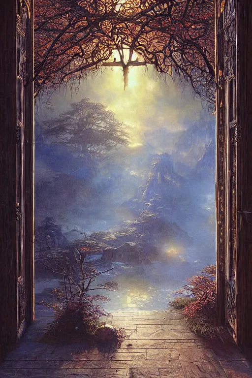 Prompt: large rustic intricately decorated wooden double door, metal handles, a view to a fantasy world, ethereal back light, mist, coherent composition, fantasy painting by noriyoshi ohrai, yuumei