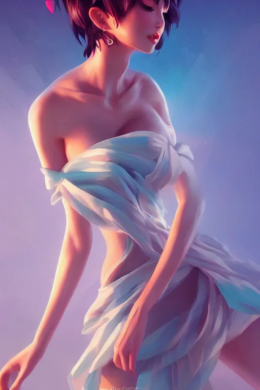 Image similar to a beautiful fashion goddness of love, chic strapless dress, tropical sea background, character design, in the style of artgerm, and wlop, cinematic lighting, hyperdetailed, 8 k realistic, symmetrical, global illumination, radiant light, frostbite 3 engine, cryengine, dof, trending on artstation, digital art