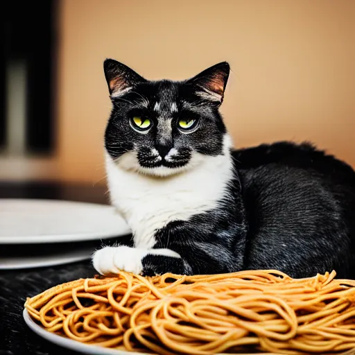 Prompt: professional photography of a cat sitting on a plate of spaghetti