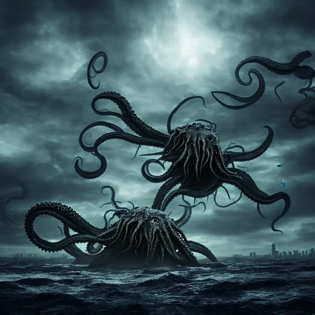 Image similar to the kraken attacks the city, atmospheric, ominous, eerie, cinematic, cinematic, 4k, ultra detail, ultra realistic