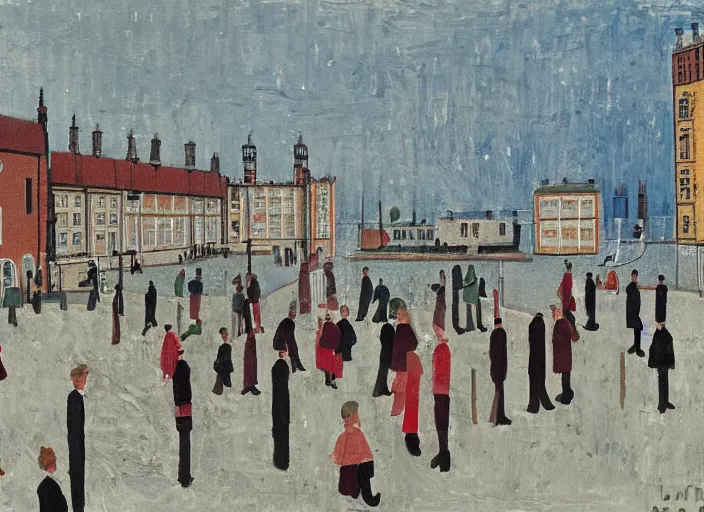 Image similar to a scene from a wes anderson movie painted by ls lowry