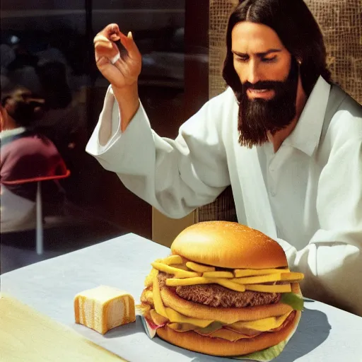 Image similar to jesus christ having his lunch break at mcdonalds, real photo