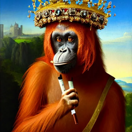 Image similar to a royal medieval portrait painting of an orangutan wearing a crown and smoking a cigarette, 4 k, hyper realistic, dslr, landscape, high resolution, painting,