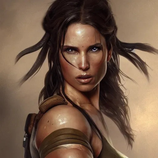 Image similar to detailed portrait of lara croft as a female bodybuilder military officer, fantasy, intricate, elegant, highly detailed, digital painting, artstation, concept art, matte, sharp focus, illustration, art by aenaluck and roberto ferri and greg rutkowski, epic fantasy, digital painting