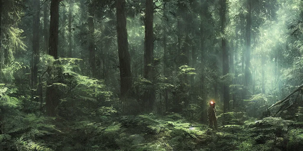 Image similar to american astronaut in the forest, plants environment, wide angle, cinematic lighting, atmospheric, realistic, octane render, highly detailed, in the style of craig mullins