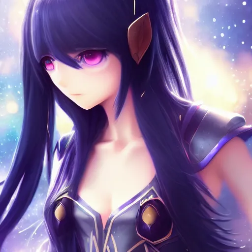 Image similar to adorable young cute anime elf girl, long black hair, detailed fantasy armor, symmetrical face. beautiful spark eyes. beautiful lineart. bokeh pixiv # 1 ranking depth focus, chromatic aberration, noise, soft lighting, srgb, 4 k, cinematic