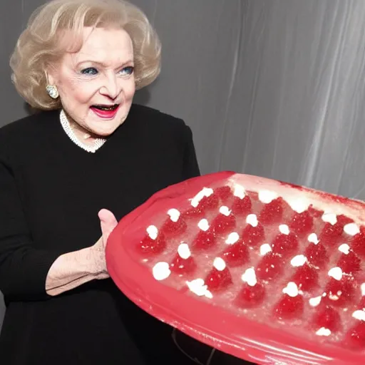 Image similar to betty white baking a cake horror atmospheric red jelly fog eldritch nightmare