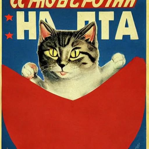Prompt: cat on a communist propaganda poster, highly detailed, fear inducing, vintage