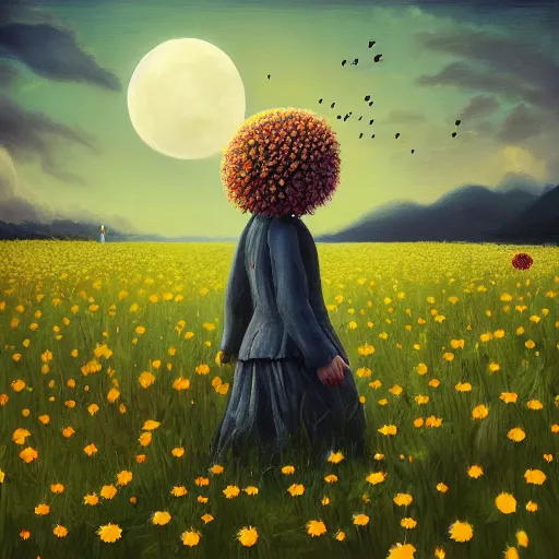 Image similar to giant daisy flower as a head, girl walking in flower field, surreal photography, moon light, dark night, dramatic, impressionist painting, clouds, digital painting, artstation, simon stalenhag