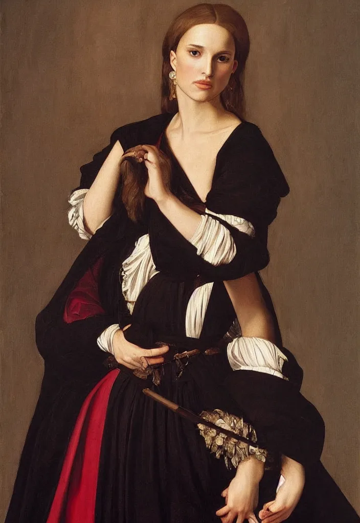 Image similar to a portrait of a Natalie Portman , beautiful clothes, oil painting in a renaissance style , very detailed, painted by Caravaggio.