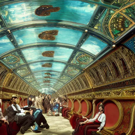 Image similar to clear detailed painting of the inside of the ornate underwater train to atlantis, various weird and wonderful characters sat down, by william powell frith and and frederic leighton, ultra wide angle, 4 k