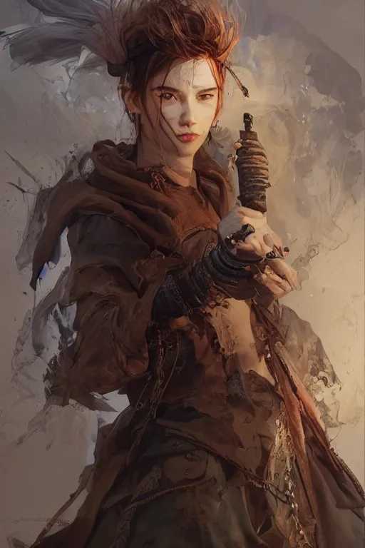 Image similar to A masterpiece portrait of a Incredibly beautiful queer Syberian post apocalyptic shaman girl . medium shot, intricate, elegant, highly detailed. trending on artstation, digital art, by Stanley Artgerm Lau, WLOP, Rossdraws, James Jean, Andrei Riabovitchev, Marc Simonetti, Yoshitaka Amano