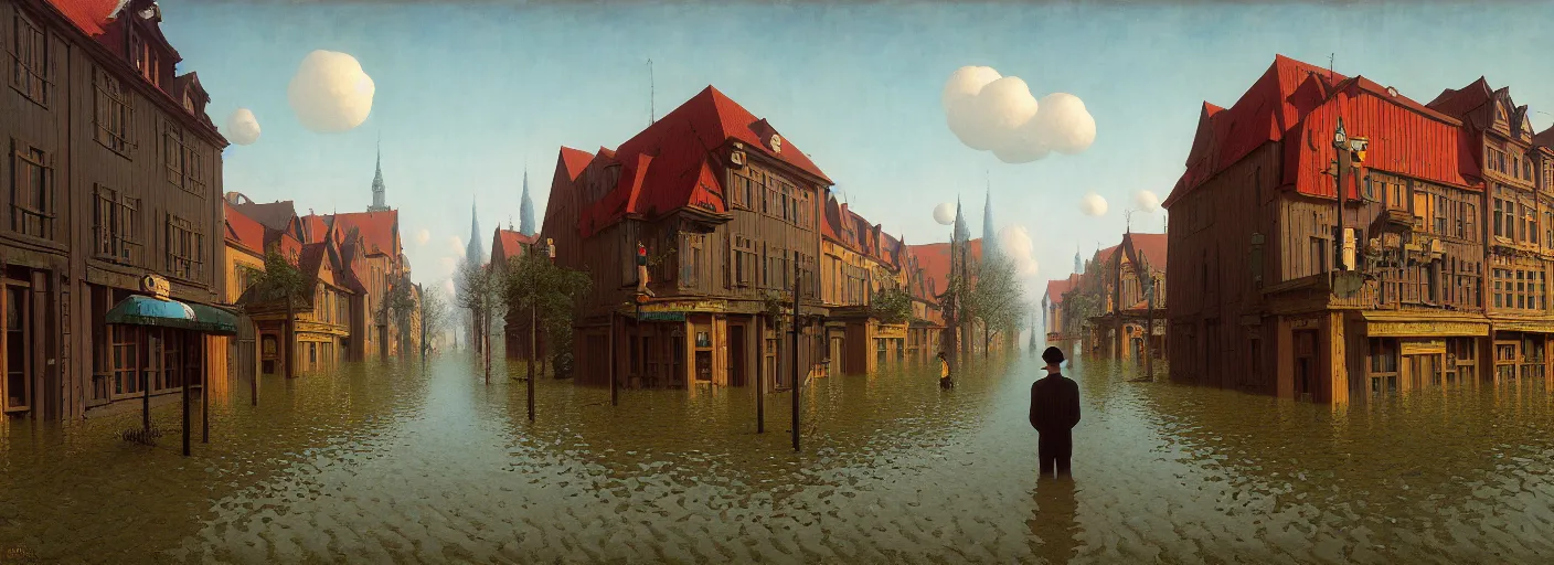 Image similar to flooded old wooden city street, very coherent and colorful high contrast masterpiece by rene magritte simon stalenhag carl spitzweg jim burns, full - length view, dark shadows, sunny day, hard lighting, reference sheet white background