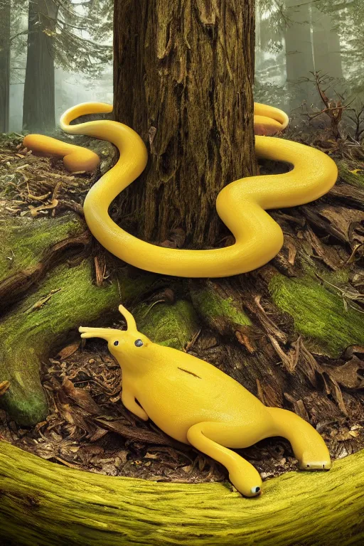 Image similar to A brilliant yellow banana slug with deer antlers, poised magnificently on a tree stump deep in a redwood forest, magical, deep woods, octane render, 8k,realism, insanely detailed, intricate, natural lighting, illustrated by TamberElla, national geographic wildlife photography, digital art, fantasy creature, realistic Trending on artstation, artstationHD, artstationHQ, 4k, 8k