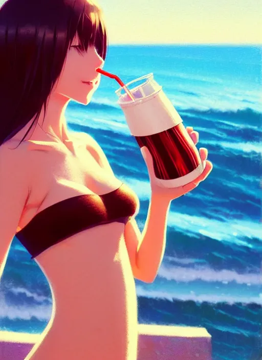 Image similar to full body picture of a extremely beautiful and attractive and cute and aesthetic girl drinking a coke, highly detailed face, very thirsty, dripping on the body, sharp focus, shiny day on the beach, specular reflection, occlusion shadow, trending on artstation, epic light novel cover art, art by ilya kuvshinov and sakimichan and jeremy lipking