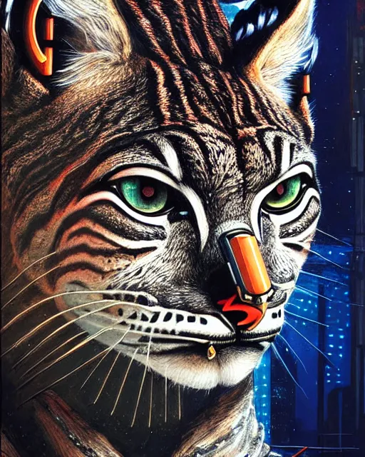 Image similar to a portrait of an anthropomorphic cyberpunk bobcat by sandra chevrier, by jon foster, detailed render, tape deck, epic composition, cybernetics, 4 k realistic, cryengine, realistic shaded lighting, sharp focus, masterpiece, by enki bilal