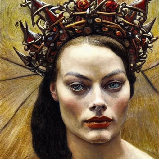 Image similar to weeping Margot Robbie wearing the bone crown, by Annie Swynnerton and Diego Rivera and Evelyn De Morgan, symbolist, dramatic lighting, elaborate geometric ornament, Art Brut ,god rays, soft cool colors,smooth, sharp focus, extremely detailed, Adolf Wölfli