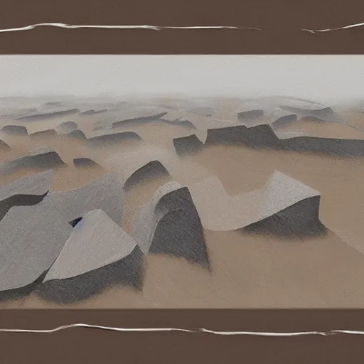 Prompt: masterpiece abstract intricate painting of detailed highly layered angled rocky field along a landscape surface of rectangular shapes. thin pencil rough sketch lines slanting down provide a sense of movement. drone view. beautiful use of light to create a sense of a stony surface. using architectural techniques with an engineering quality and a rich dark earthy color palette, providing a mathematical feel.