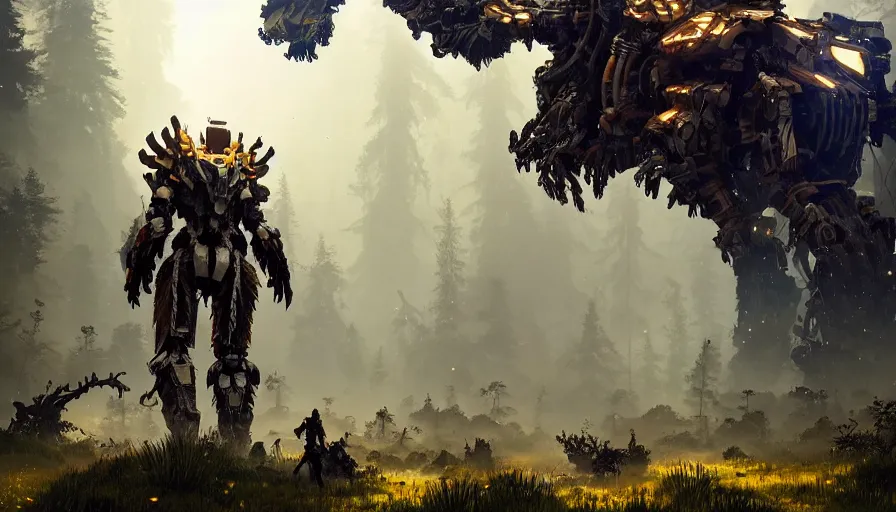 Image similar to large walking mech covered in gold and silver armor, horizon zero dawn aesthetic, covered in moss and birds, glowing lights, beautiful forests and trees, intricate detail, epic wallpaper, art by darek zabrocki and John Park and Feng Zhu and Jason Chan, trending on artstation, masterpiece.