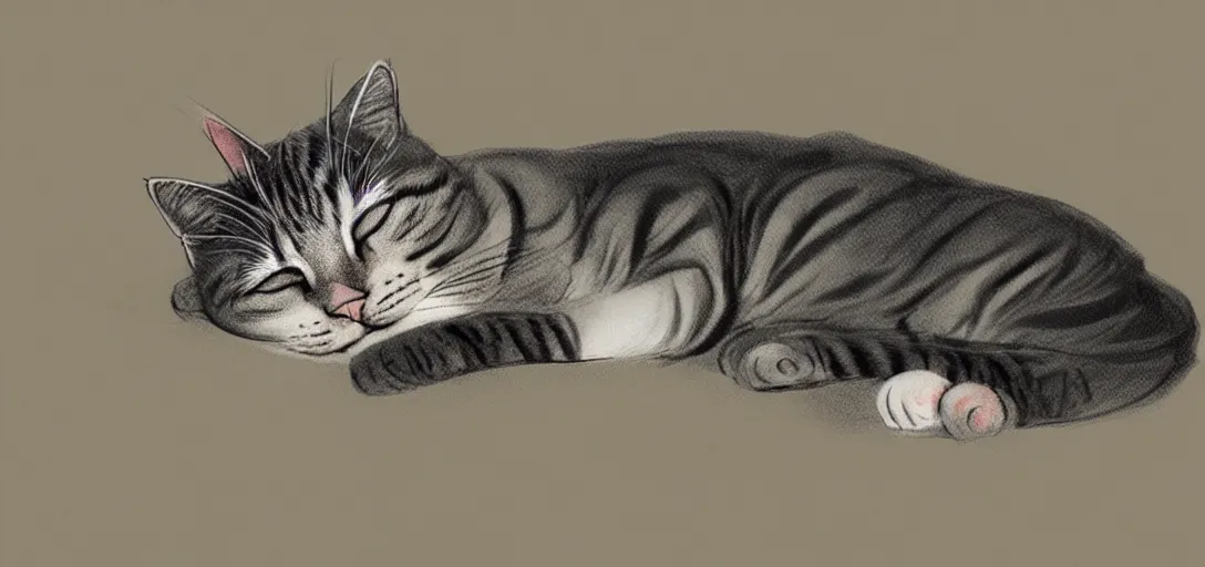 Image similar to cat sleeping in bed, digital art