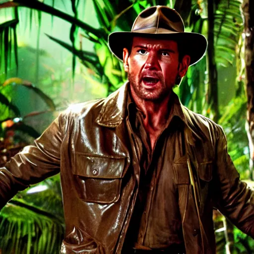 Prompt: indiana jones, torch, dark tropical forest, life, sparkling spirits, detailed wide shot, cinematic colors, ground detailed, wet eyes reflecting into eyes reflecting into infinity, beautiful lighting