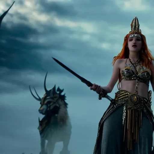 Image similar to cinematic scene with bella thorne on a majestic throne as the goddess of war, dramatic, small details, volumetric lighting, still frame