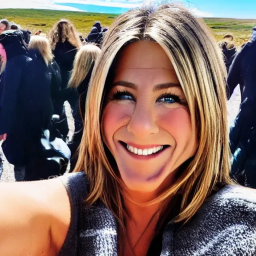 Image similar to jennifer aniston taking a selfie in iceland, hd 4 k photo